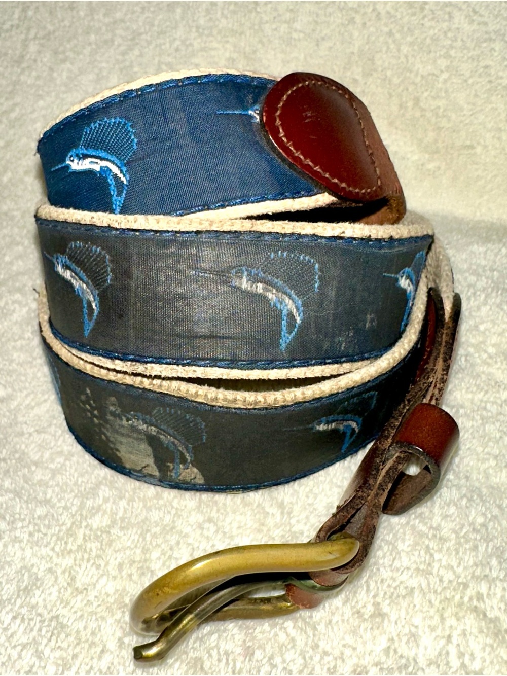 Vintage Sailfish Embroidered Canvas Leather Belt Solid Brass Buckle Sz 40